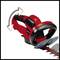 A red hedge trimmer with a black handle and rotating blade guard. It has an ergonomic design for easier cutting.