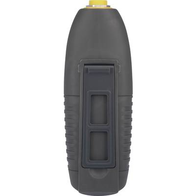 A grey, ergonomic handheld device with a clip and yellow connector at the top, possibly a tool or electronic device.