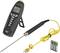 Hand-held digital thermometer with display, alongside probe and two AA batteries. Suitable for precise environmental measurements.
