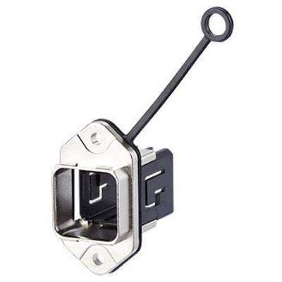 Metallic connector with a rectangular opening and a black plastic lever, shown against a white background.