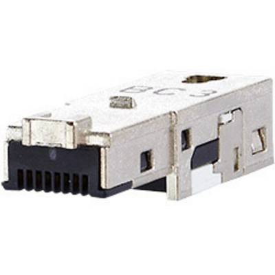 A SFP module with a metallic casing and black connector, used for data transmission in network devices.