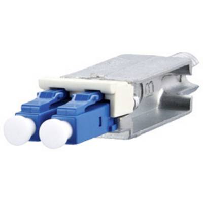 'Close-up of a blue fibre optic connector with two ports and a silver casing.'