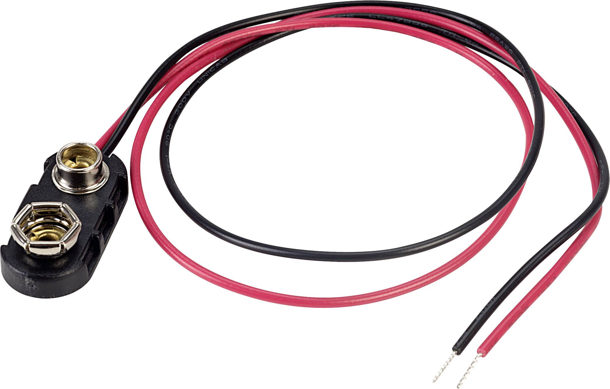 9-volt battery clip with two cables, one red and one black, for powering electrical devices.