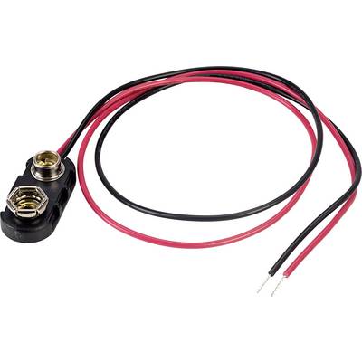 9-volt battery clip with two cables, one red and one black, for powering electrical devices.