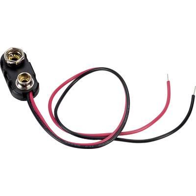 A black 9-volt battery clip with two wires, one red and one black, used for electrical connections.