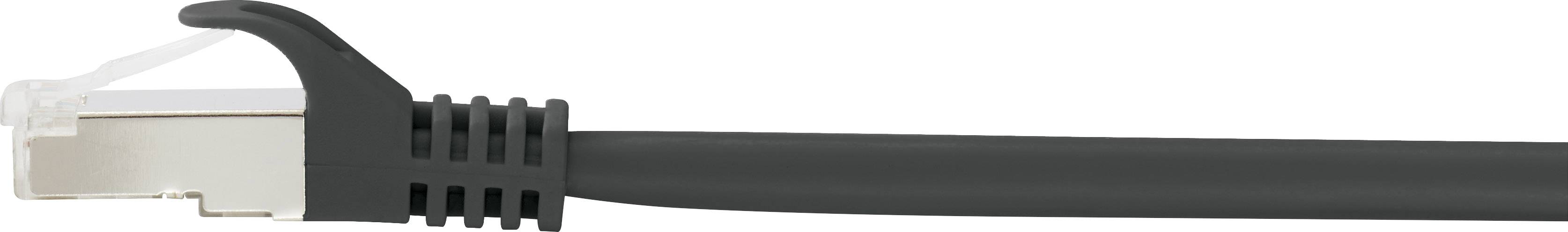 Black Ethernet cable with plug, showing the plastic clip for fastening, on a white background.