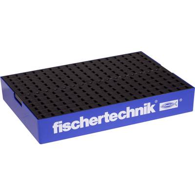 A rectangular black box with blue sides, on which 'fischertechnik' is written in white; used for storing components.