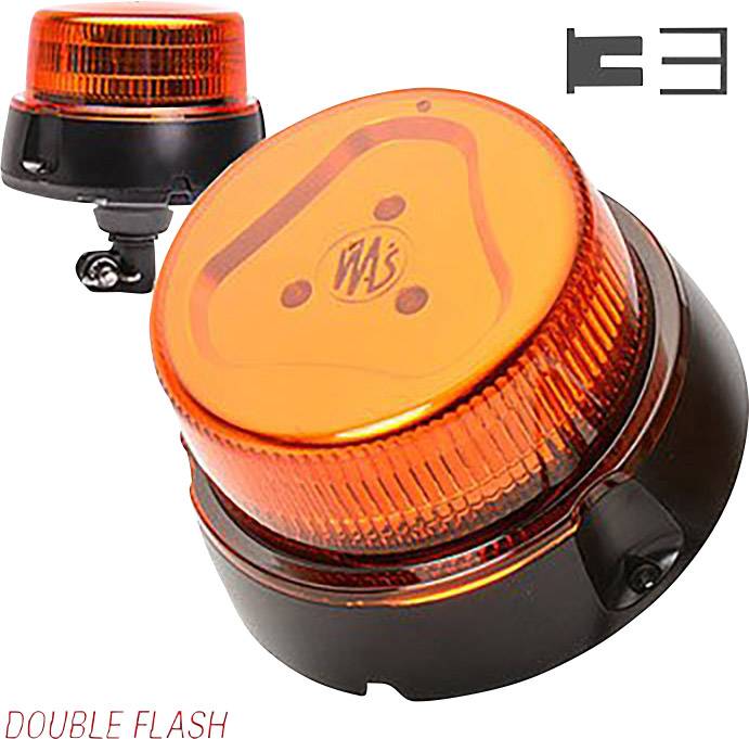 An orange warning light with the inscription 'DOUBLE FLASH' and an additional illustration shows the product design from various perspectives.
