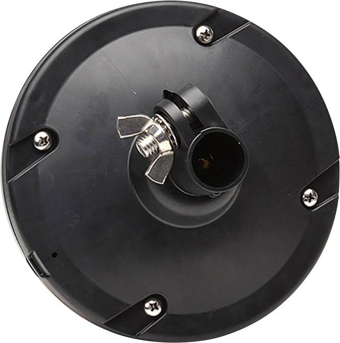 Black, round plastic component with screw connections and a central connection point.