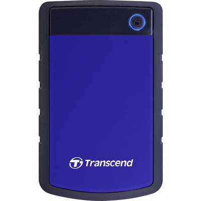 An external hard drive by Transcend in black and blue; robust casing; a blue button on top; suitable for data backup.