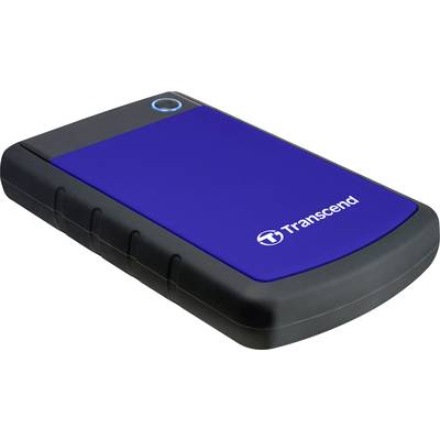External hard drive with a blue casing and black border, brand 'Transcend'.