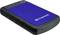 External hard drive with a blue casing and black border, brand 'Transcend'.