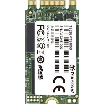 A green M.2 SATA SSD by Transcend with the inscription 'TS32GMSA450S', CE certification and serial number 'AI2345-0001'.