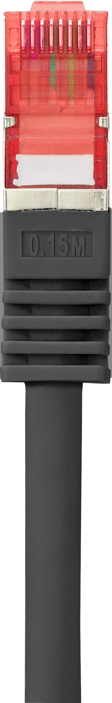 A red Ethernet cable with a black connector, 0.5 metres long, is commonly used for network connections.