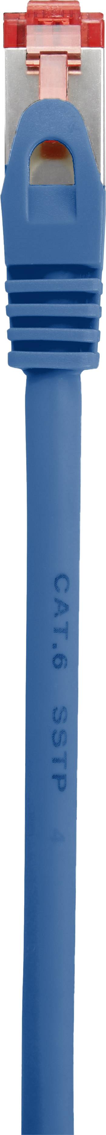 Close-up of a blue Ethernet cable with a red connector plug at the top.