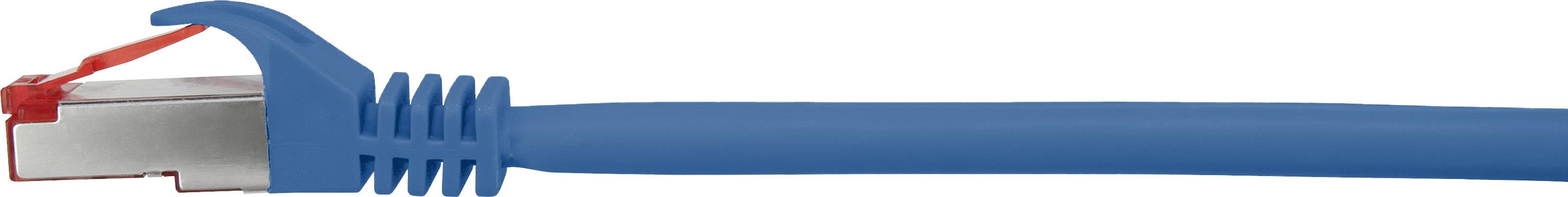 Blue Ethernet cable plug with red tab.