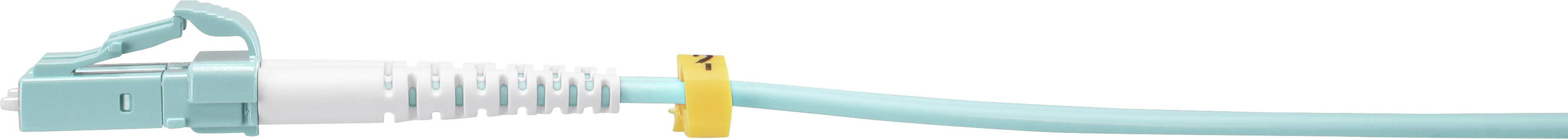 A mint green fibre-optic cable with a yellow label is shown to the side.