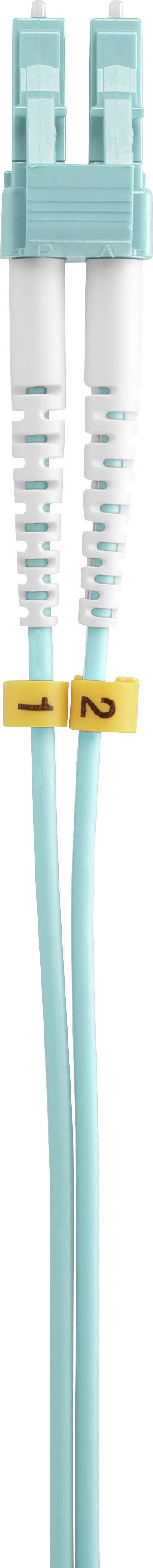 Fibre optic cable with two blue connectors and yellow labels with arrows indicating upstream and downstream direction.