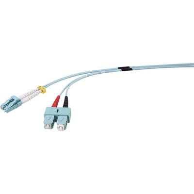 'LC-SC-Fibre-optic Cable' with blue connectors and two cable strands; connection type for high-speed data transmission in networks.