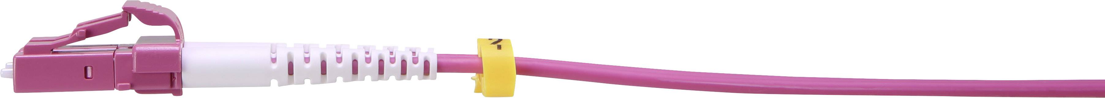 Pink network cable with yellow marking, lying on a white background.