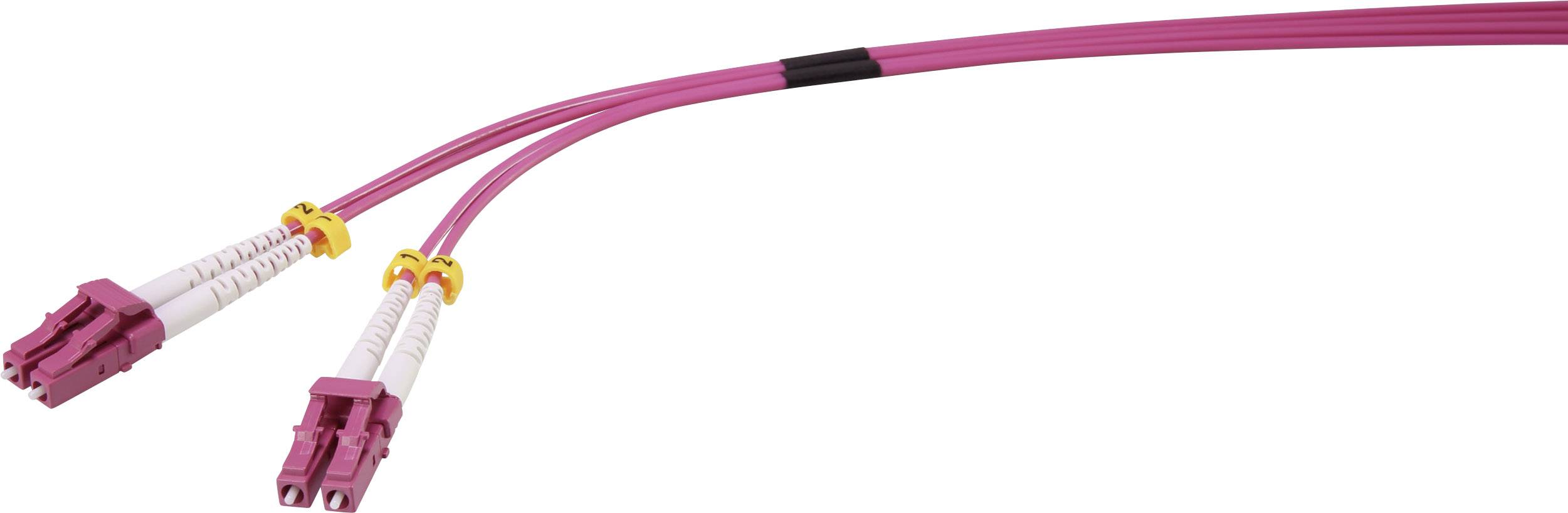 Two pink fibre optic cables with LC connectors, used for data transmission in networks.