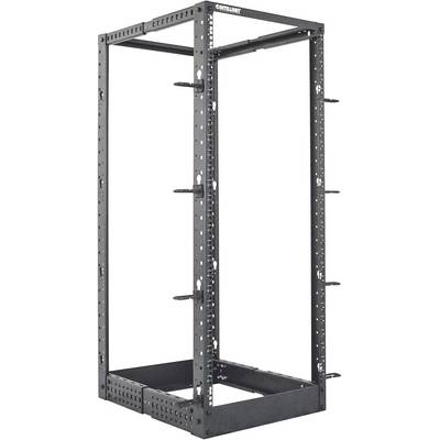 A black metal shelving unit, likely a fitness squat rack, with numerous mounting holes on the sides, suitable for weights.