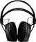 A pair of black, wired headphones with padded ear cups and an adjustable headband.