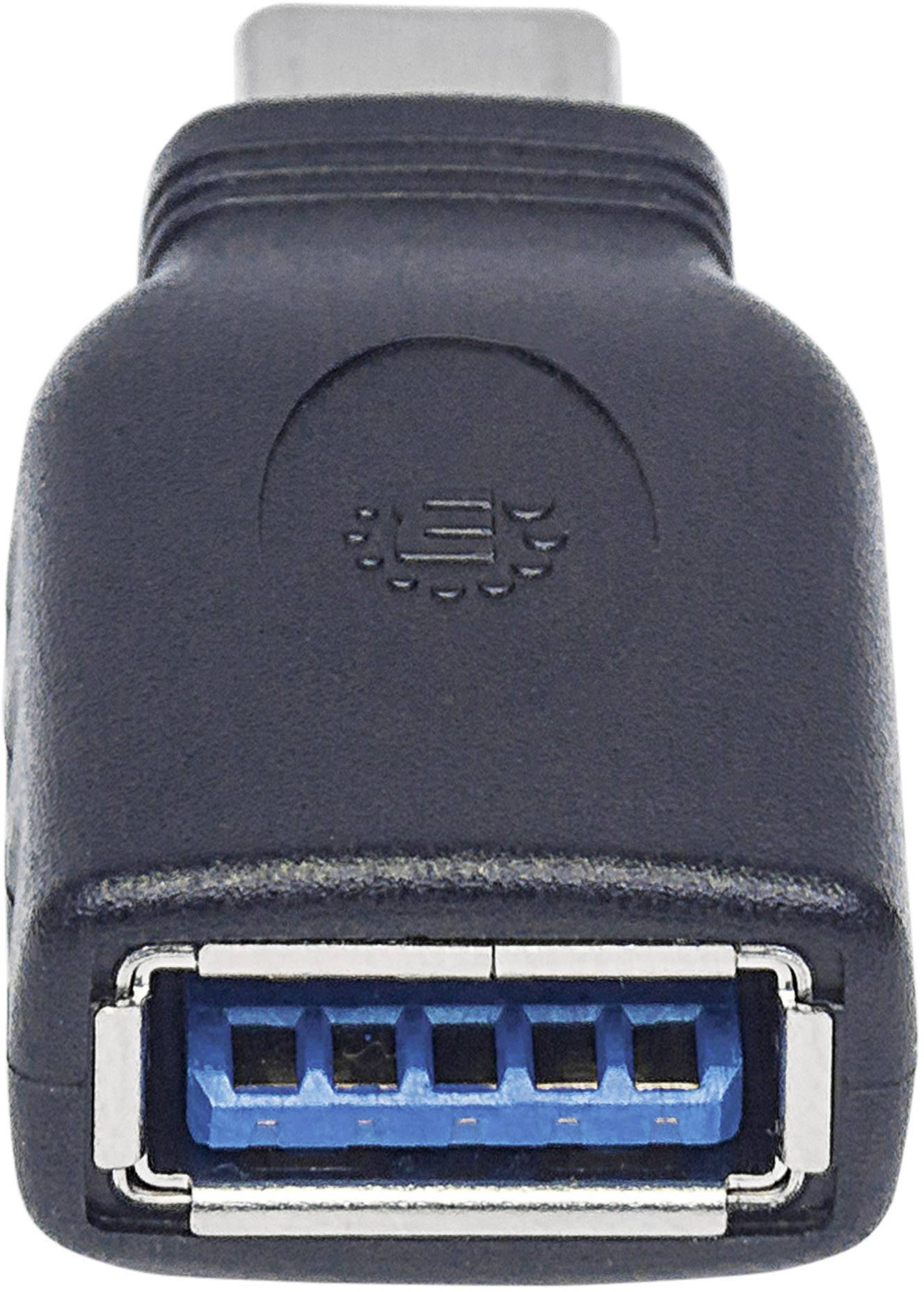 Adapter with a USB-C plug on one side and a USB-A socket on the other side. Used for data transfer.