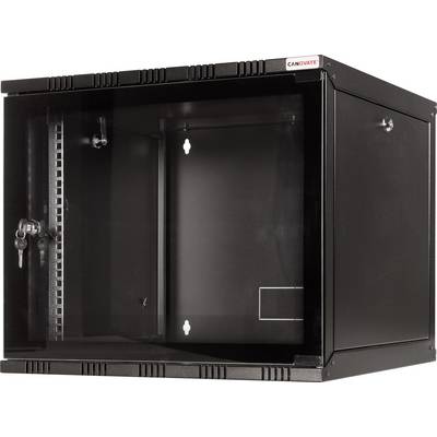 Black server rack cabinet with sliding glass door and key lock, suitable for secure storage and organisation of network devices.