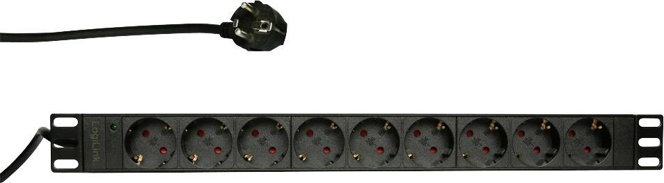 'Black 19-inch rackmount power strip with eight outlets and a Schuko plug on the left.'