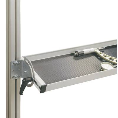 A tool tray with a screwdriver and angle measure on a dark ribbed surface, attached to a metal frame.
