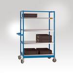 Vari MOBILE-shelf trolley 1030 x 1650 x 500 mm, load 250 kg with 4 shelves 40, galvanised frame + Sliding bracket in RAL 5007 brilliant blue conductive