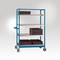 A blue trolley with four grey shelves and black containers, suitable for storage and transportation in industrial environments.