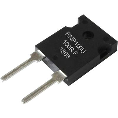 A black electronic component with two metal pins, labelled 'RNP100U 100R F 18008', likely a resistor or transistor.