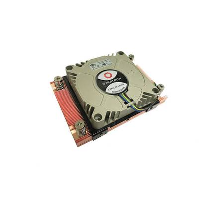 A CPU cooler with a fan mounted from above, square in shape, made of metal with copper fins and four screws at the corners, visible against a white background.