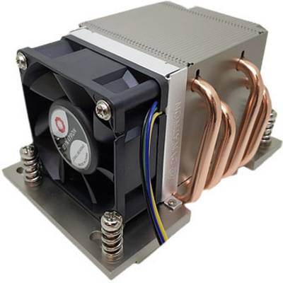 A CPU cooler with an aluminium heatsink and copper pipes, equipped with a black fan and colourful cables.