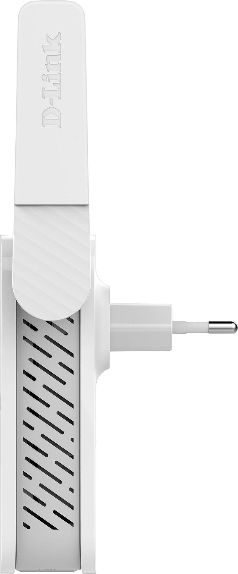 Wi-Fi repeater from a side view with two antennae; enables wireless network range extension.