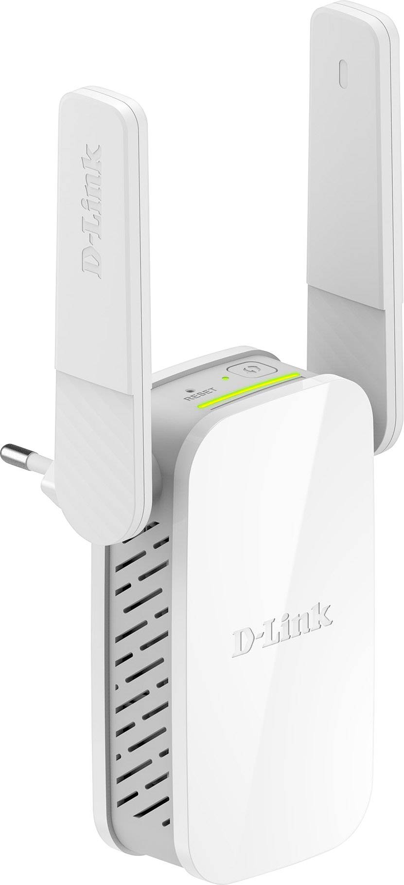 A white Wi-Fi repeater with two extendable aerials and a status indicator on the front for enhanced signal strength.