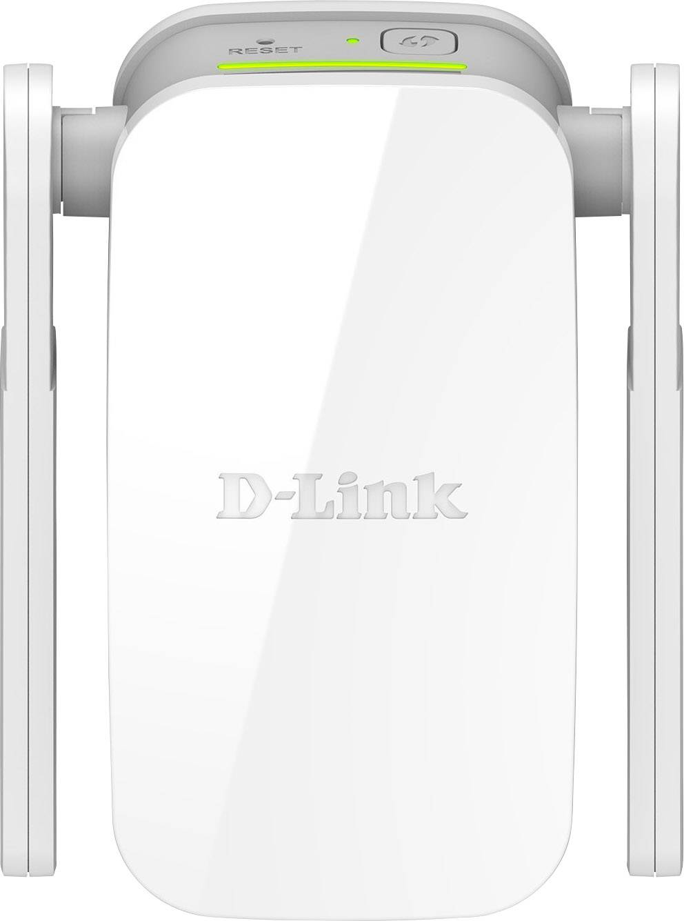 A white D-Link Wi-Fi repeater with aerials, a reset button, and a status LED on top.