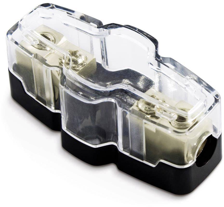 A transparent fuse holder for automotive electrics with a black base. Suitable for protecting electrical circuits.