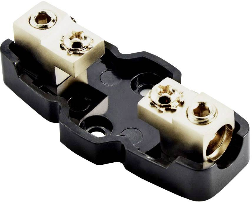 A black plastic base with two metal screw terminals, suitable for electrical connections or fuse installation.