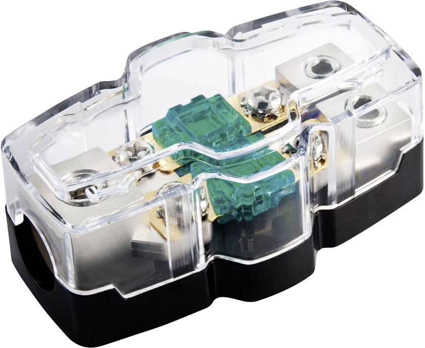 A transparent fuse holder with two green fuses, housed in a black and silver casing, reveals the internal components.