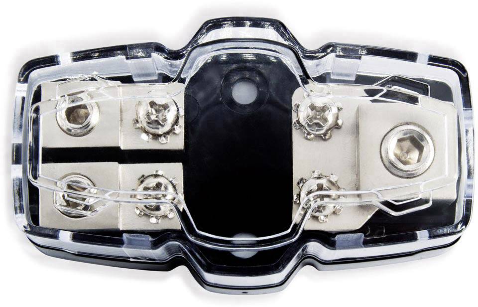 Transparent cover of an electrical connection or fuse, showing metallic connection terminals and screws for securing cables.