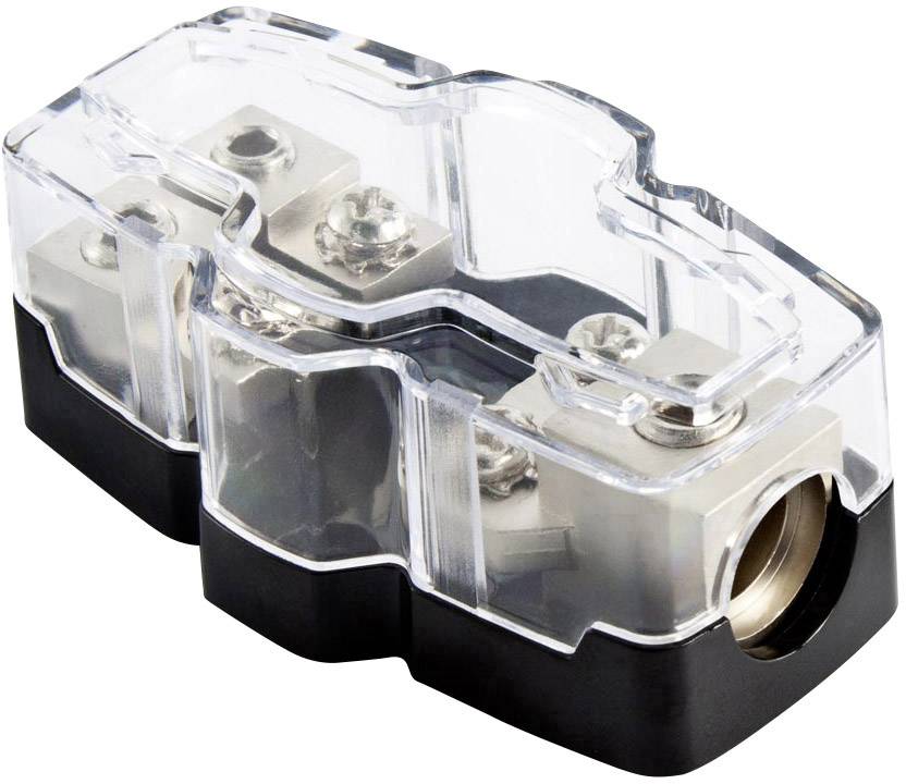 A transparent electrical cable connector with a black base, for connecting and securing cables in electrical circuits.