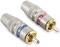 Two RCA plugs, one with a red ring and one with a blue ring, are lying side by side on a white background.