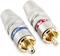 Two phono plugs, left with a blue ring and 'Audio', right with a red ring. They are used for transmitting audio signals.