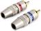 Two audio RCA plugs, one with a red ring, the other with a blue ring. They have gold-plated contacts and ridged metal casings.
