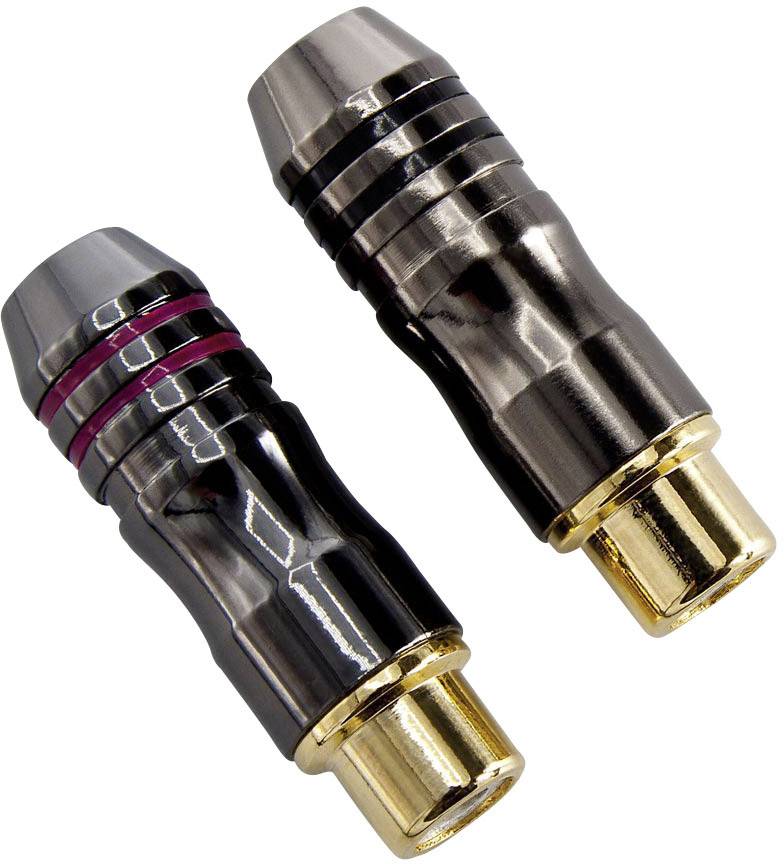Two metallic cable plugs, one with red markings, the other with black markings. Both have golden connection ends.
