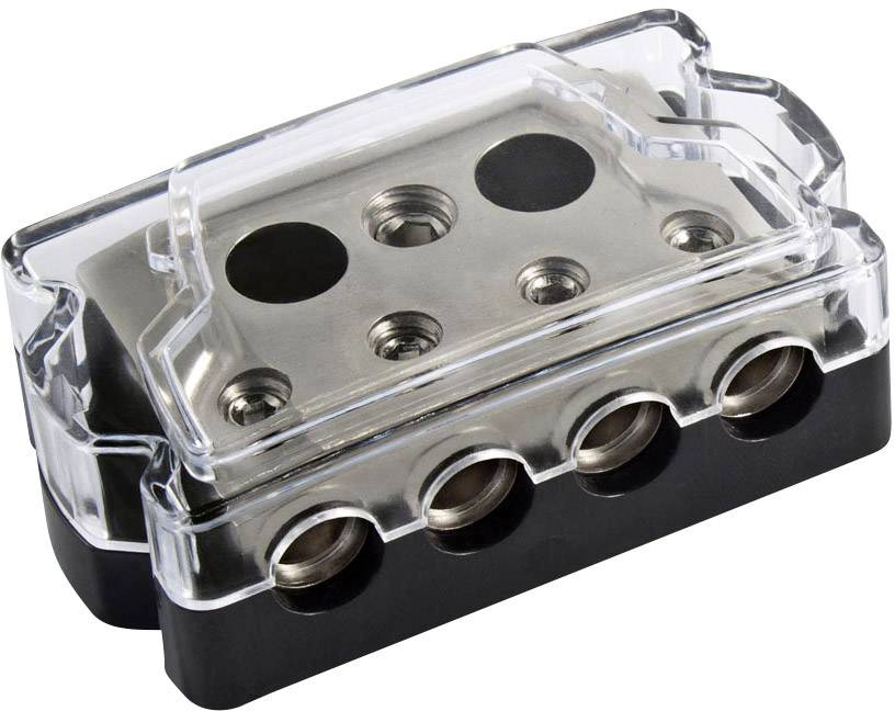 A rectangular cable distribution block with four terminals and a transparent cover, used for electrical wiring.