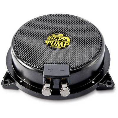 A black, round bass speaker with a yellow logo in the centre bears the inscription 'bass PUMP'.<br><br>Note: I've used British English spelling for "centre" and ensured the translation maintains the original meaning and description.